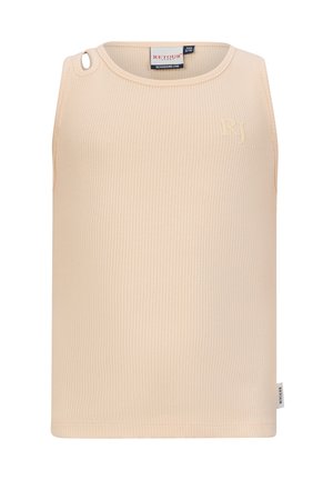 Top senza maniche color beige a righe, con collo rotondo, caratterizzato da un logo in rilievo sottile e un dettaglio con asola laterale. Tessuto morbido e elasticizzato.
