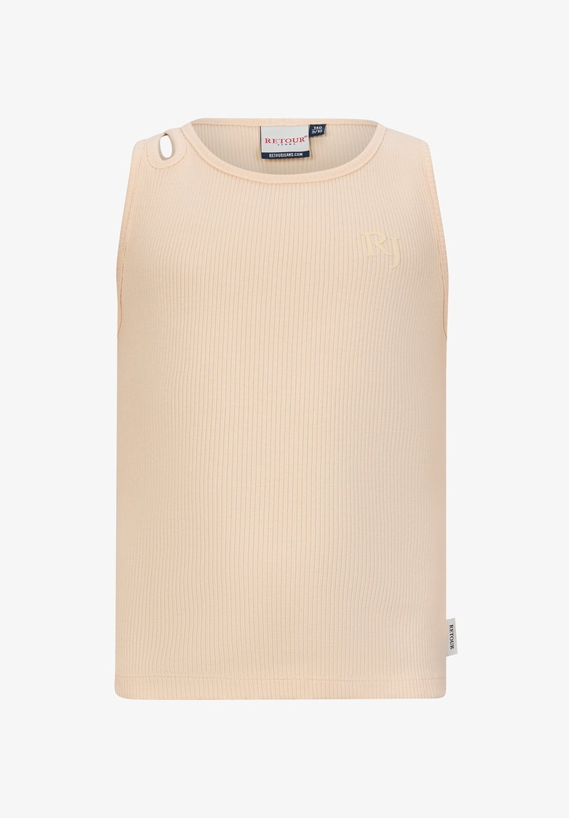 Beżowy prążkowany top bez rękawów z okrągłym dekoltem, z delikatnym wytłoczonym logo i bocznymi detalami w postaci pętli. Miękki, elastyczny materiał.