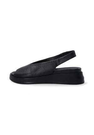 Black leather slingback sandals with a rounded toe, low wedge heel, and smooth texture. Features a simple, streamlined design.