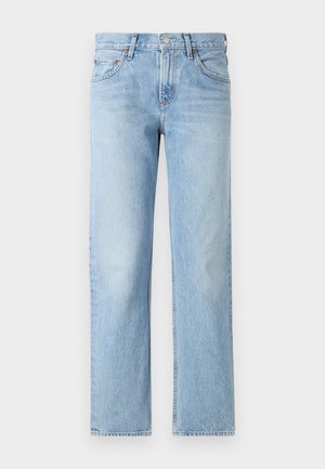 Light blue denim jeans with a straight fit, five-pockets, button and zipper closure, and a slightly faded finish.