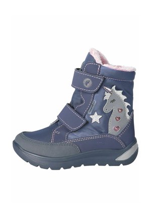 Stivaletti alla caviglia blu navy con doppie cinghie in velcro, accenti di unicorno e stelle argentate, fodera rosa chiaro e suola in gomma testurizzata.