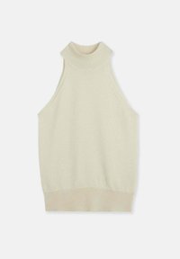 Stickad ärmlös topp i off-white med hög ribbad krage, avslappnad passform och ribbad fåll. Slät textur med minimala sömmar.
