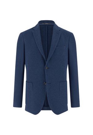 Einreihiges marineblaues Sakko mit kerbblattförmigen Revers, zwei Knöpfen, Brusttasche und zwei aufgesetzten Vordertaschen.