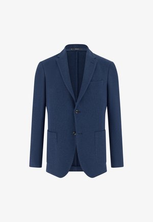 Jednoradový tmavě modrý blejzr s klopami s vykrojením, se dvěma knoflíky, náprsní kapsou a dvěma předními našitými kapsami.