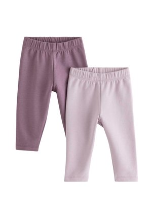 Zwei Paar schlichte Baby-Leggings mit elastischem Bund, eines in Mauve und das andere in Hellrosa, auf weißem Hintergrund.