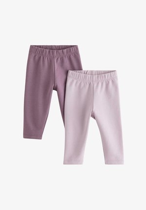 To par ensfarvede babyleggings med elastik i taljen, den ene i mauve og den anden i lyserød, på hvid baggrund.