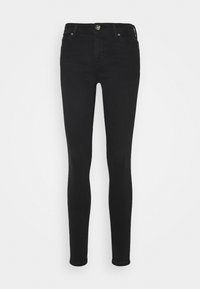 Vaqueros skinny negros en denim, con un diseño clásico de cinco bolsillos, cierre de botón metálico y una textura suave.