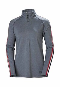 Maglia a maniche lunghe grigia con zip a metà, dotata di colletto alto e dettagli a strisce rosse e bianche sulle maniche, realizzata in tessuto testurizzato.