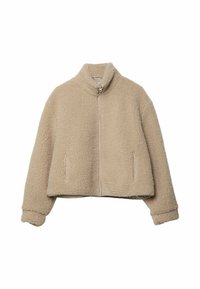 Beżowa bluza polarowa z zamkiem z przodu, wysokim kołnierzem i opuszczanymi ramionami. Posiada dwie boczne kieszenie oraz teksturowaną, miękką tkaninę.