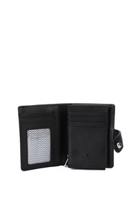 Black leather wallet with multiple card slots, a transparent ID window, and a snap closure. Features a textured interior pattern.
