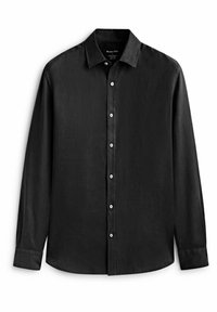 Czarna koszula z długim rękawem, wykonana z lekkiego materiału. Posiada klasyczny kołnierzyk, zapięcie na guziki oraz zaokrąglony dół z mankietami.