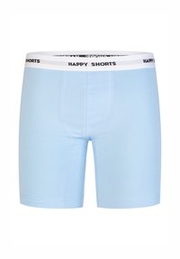 Světle modré trenky s bílým elastickým pasem označeným "HAPPY SHORTS." Mají hladký povrch a volný střih.