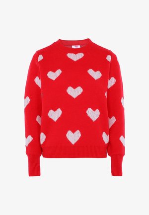 Czerwony sweter dziergany z białymi wzorami serc rozsianymi na przodzie i rękawach, z prążkowanymi mankietami i dołem.