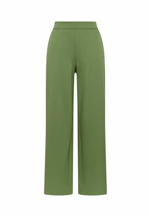 Pantalon à jambes larges de couleur olive unie, fabriqué dans un tissu texturé. Taille haute sans fermetures ni poches visibles.