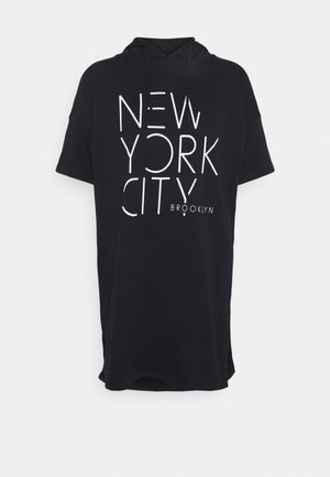 Black short-sleeve hoodie dress with white text "NEW YORK CITY BROOKLYN" in stylized, modern font on front.