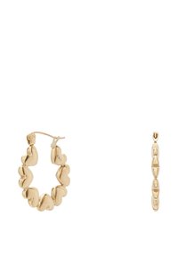 Orecchini a cerchio in oro con forme a cuore alternate e sfere rotonde lisce, evidenziando una finitura lucida e un design minimalista.