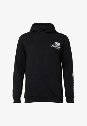 Czarna bawełniana bluza z kapturem, z przednią kieszenią, regulowanym kapturem na sznurki i białym logo "Discovery Channel" na klatce piersiowej i rękawie.