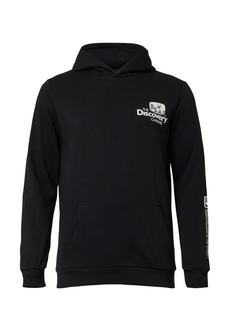 Zwarte katoenen hoodie met een voorzak, verstelbare trekkoordkap en het 'Discovery Channel'-logo in het wit op de borst en de mouw.