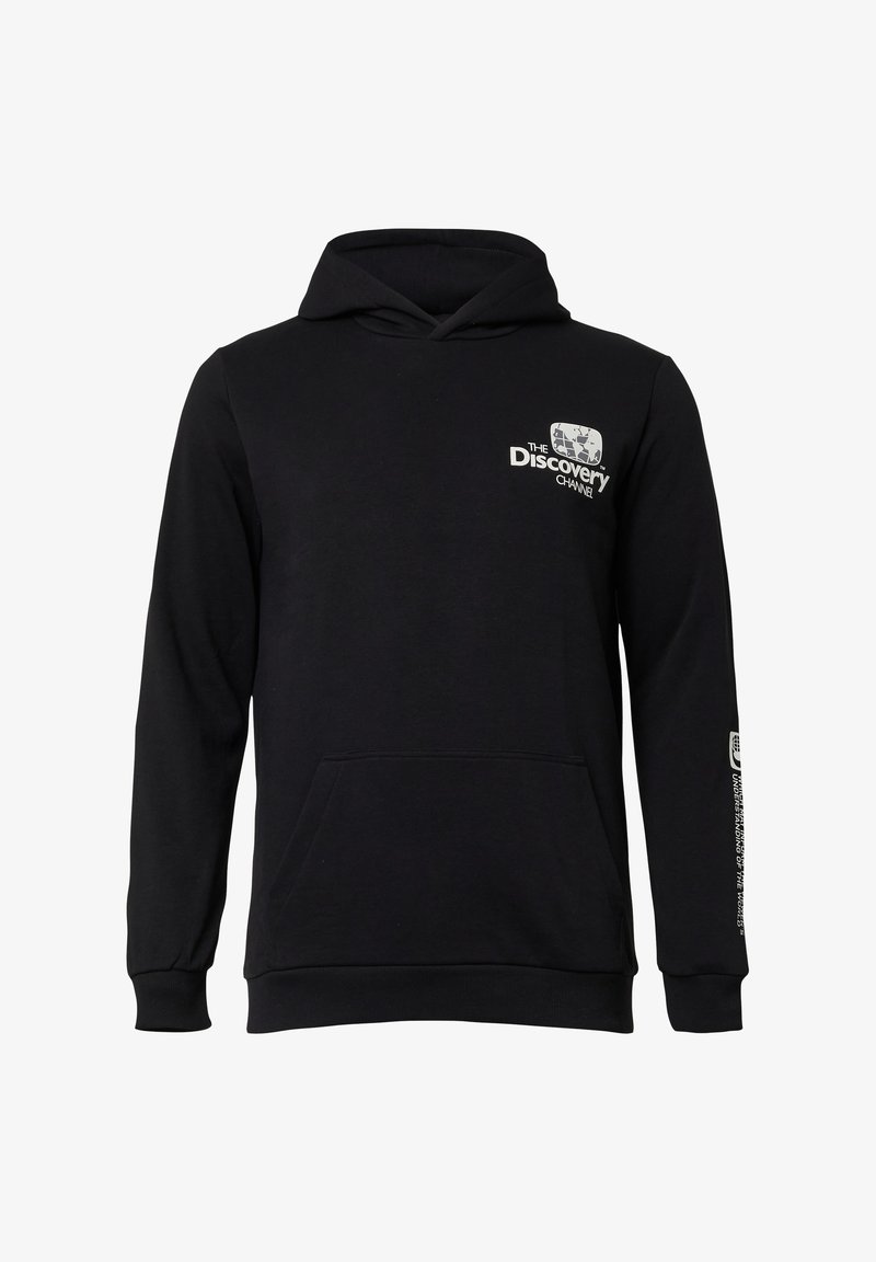 Zwarte katoenen hoodie met een voorzak, verstelbare trekkoordkap en het 'Discovery Channel'-logo in het wit op de borst en de mouw.