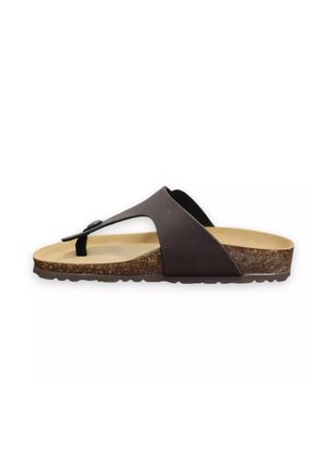 Sandalo con suola in sughero marrone, sottopiede beige e cinturino singolo in pelle nera per l'alluce su sfondo bianco.