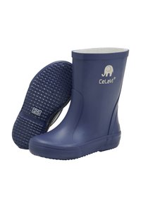 Bottes de pluie en caoutchouc pour enfants, couleur marine, avec une semelle texturée, un bout rond et un haut élastiqué. Présente un logo d'éléphant sur le côté.