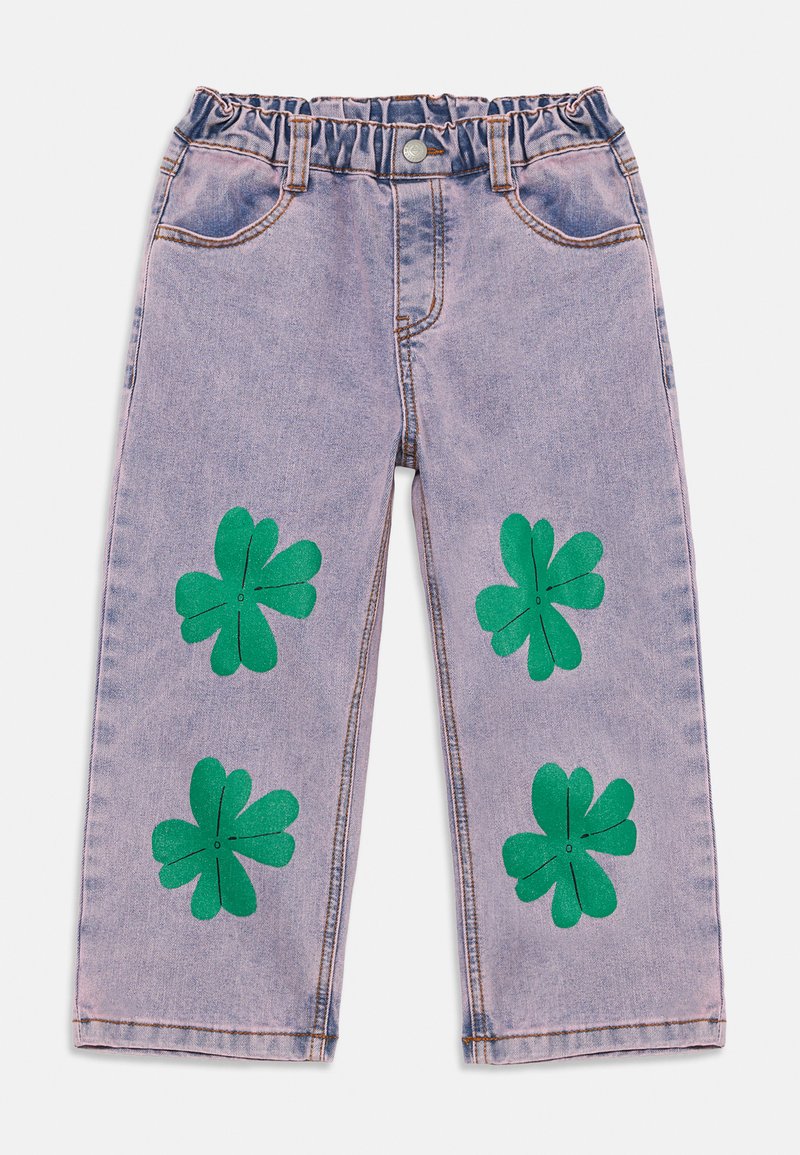 Šviesiai purpūriniai vaikų džinsai su elastinga juosmena ir žaliais keturlapiais dobilais, atspausdintais ant abiejų kojų priekinės dalies.