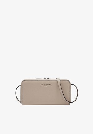 Beige leather crossbody bag with a zip closure, textured finish, and a detachable strap. Features embossed brand logo on the front.