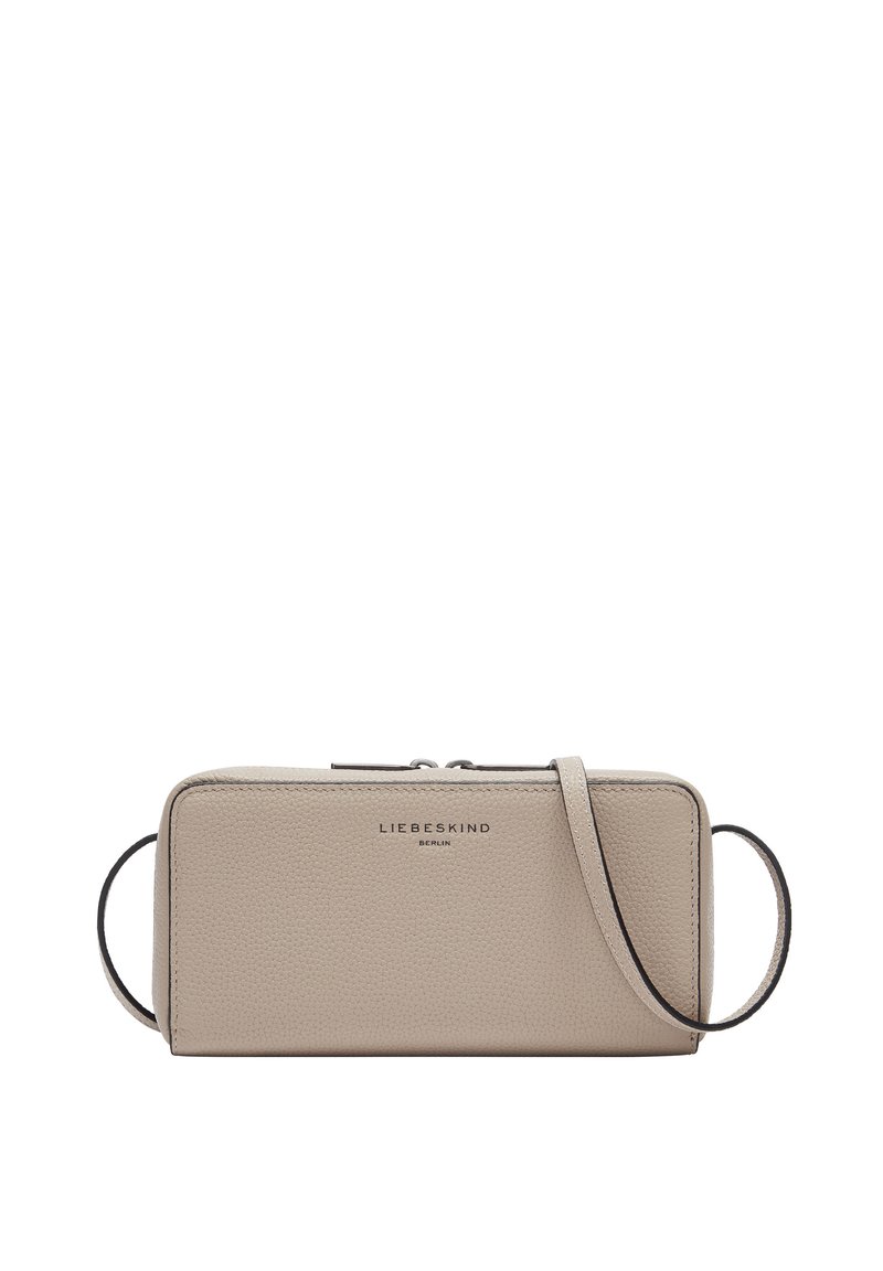 Beige Leder Umhängetasche mit Reißverschluss, strukturiertem Finish und abnehmbarem Gurt. Mit eingeprägtem Markenlogo auf der Vorderseite.