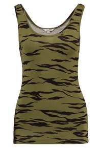 Topp i olivgrön med svart tigerstripe-mönster. Har en rundad halsringning och figurnära silhuett. Tillverkas av mjukt, stretchigt material.