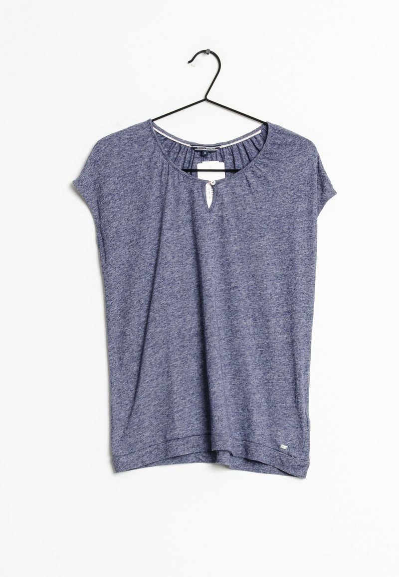 Lyhythempäinen, laventelinvärinen T-paita, jossa on pyöreä pääntie, edessä avainaukko ja rento istuvuus.