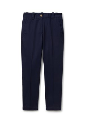 Pantaloni blu navy con chiusura a bottone, due tasche laterali e una linea dritta. Realizzati in tessuto liscio con una finitura elegante.
