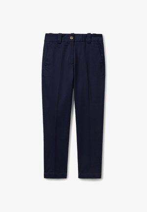 Donkerblauwe broek met een knoopsluiting, twee zijzakken en een rechte pijpontwerp. Gemaakt van een gladde stof met een strakke afwerking.