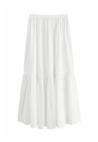 Falda blanca hasta la rodilla hecha de tela ligera. Presenta una cintura fruncida y un dobladillo en capas con una textura suave y fluida.