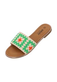 Beige slide sandal med ett mönstrat band som har gröna och orange stjärnor, slät brun sula och subtila stygn. 