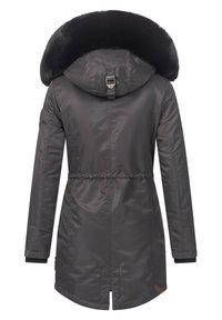Grauer Parka mit einer großen Kapuze aus schwarzem Pelzbesatz, Tunnelzug in der Taille und gerippten Bündchen. Verfügt über ein glattes, glänzendes Material und einen Rückenschlitz.