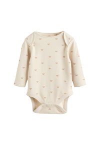 Body pour bébé à manches longues en crème clair avec une texture côtelée, présentant un motif de bears beige répétitif et des fermetures à pression au bas.