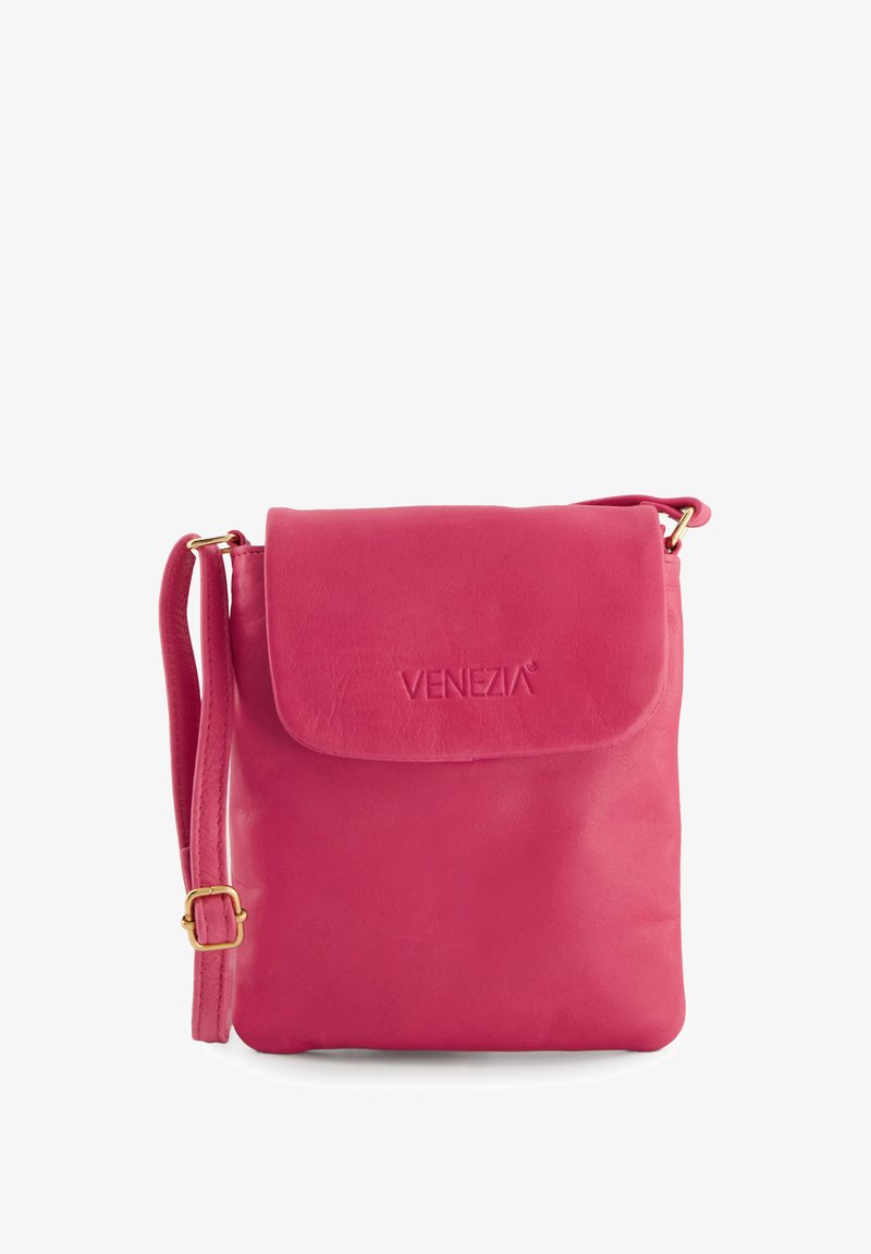 Pink leather crossbody bag with a flap closure, gold hardware, and debossed "VENEZIA" logo. Compact rectangular shape with a smooth texture.