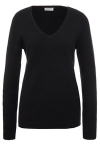 Pull noir à manches longues en V, fabriqué en tissu tricoté doux, avec un design ajusté et des détails côtelés le long de l'encolure et des poignets.
