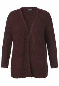 Bordeaux langetermijn cardigan, gemaakt van een zachte, gestructureerde stof. Heeft een diepe V-hals en een open voorkant zonder sluitingen.