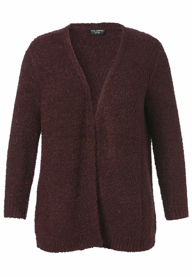 Bordeaux langetermijn cardigan, gemaakt van een zachte, gestructureerde stof. Heeft een diepe V-hals en een open voorkant zonder sluitingen.
