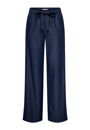 Pantaloni a gamba larga blu navy con elastico in vita e coulisse annodata, realizzati in tessuto liscio, progettati per un abbigliamento casual o da tempo libero.