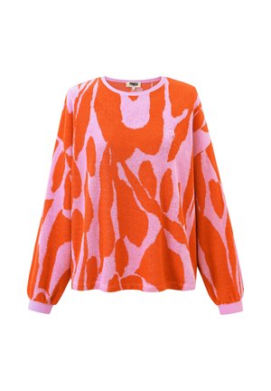 Langärmeliger Pullover mit Rundhalsausschnitt, leuchtend orange-rosa abstraktem Muster und rosa Bündchen, aus strukturiertem Stoff gefertigt.