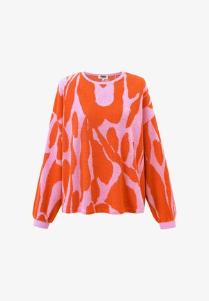 Langärmeliger Pullover mit Rundhalsausschnitt, leuchtend orange-rosa abstraktem Muster und rosa Bündchen, aus strukturiertem Stoff gefertigt.