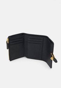 Black leather wallet with a textured finish, featuring multiple card slots, a zippered compartment, and gold hardware accents.