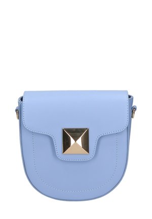 Light blue faux leather crossbody bag with a flap closure, featuring a metallic gold pyramid accent and rounded edges.