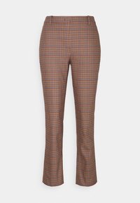 Bruine geruite broek met een getailleerd ontwerp, met een ruitpatroon in verschillende tinten bruin, blauw en crème, gemaakt van een lichtgewicht stof.