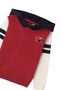 Maglione rosso a maglia con cappuccio blu, maniche color crema con due righe blu e una piccola toppa con il numero 23 sul petto.