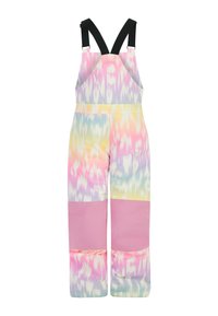 Farebný lyžiarsky overal s tie-dye vzorom v pastelových odtieňoch, s nastaviteľnými čiernymi popruhmi a pevným ružovým spodkom.