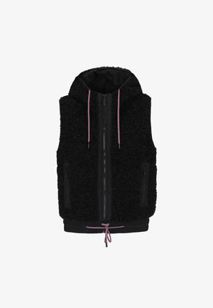 Zwarte vest met een gestructureerde, vachtachtige buitenkant, capuchon en roze-witte trekkoorden. Beschikt over zwarte ritsen en zijzakken.