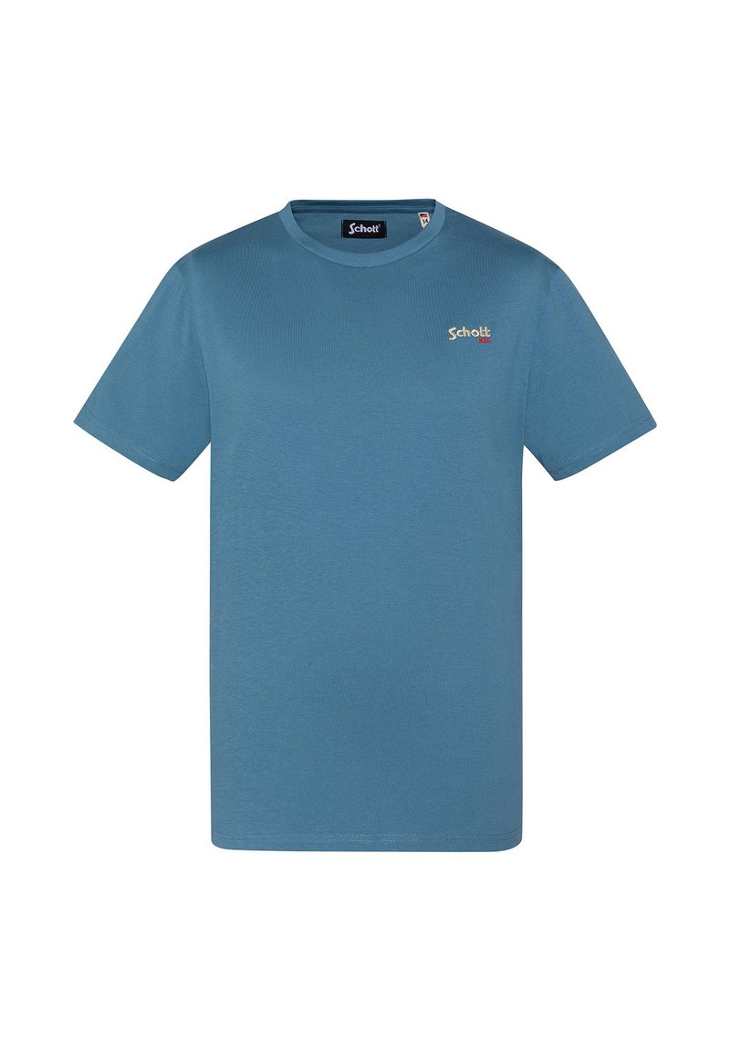 T-shirt di cotone blu con maniche corte, collo rotondo e un piccolo logo rosso e giallo sul petto. Tessuto liscio, vestibilità regolare.